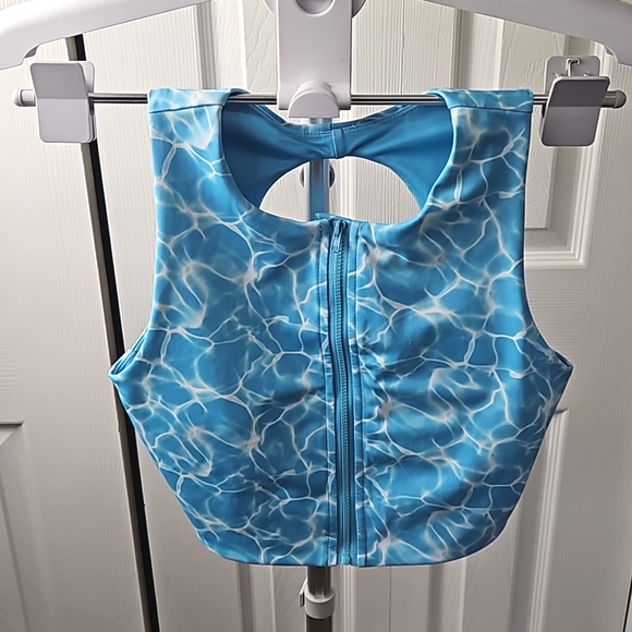 Women's Buff Bunny Blue White Marbeling Bra Crop Top Size Medium Zipper - Picture 4 of 5